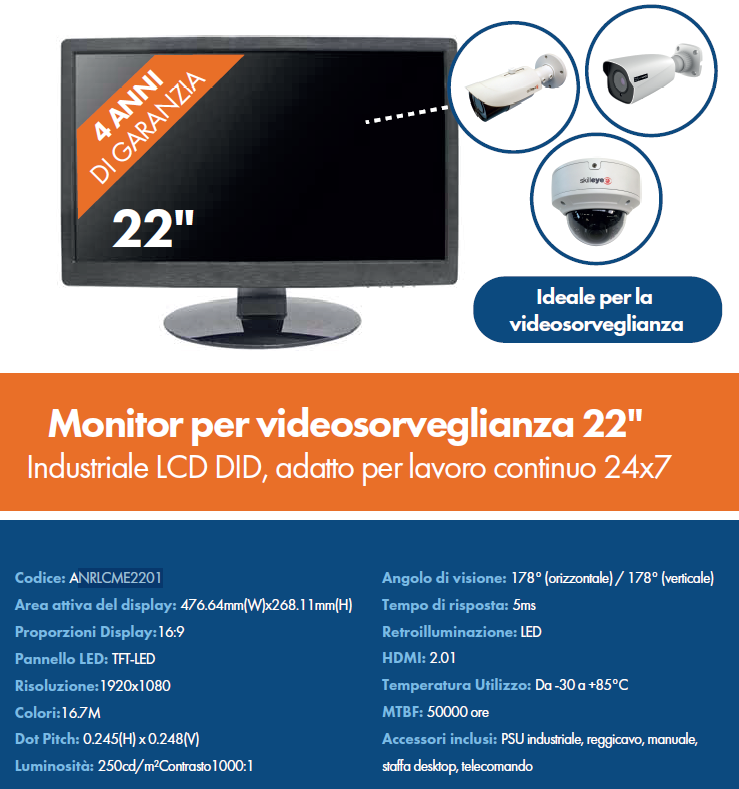 Monitor LCD DID, adatto per lavoro continuo 24x7 - ideale per la videosorveglianza